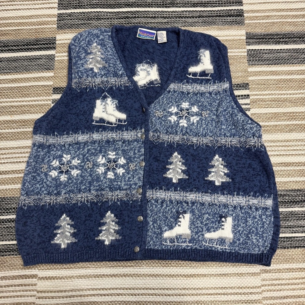 Northcrest Sweater Vest Women's 3X Blue Ice Skates Trees‎ Beaded Ugly Christmas
